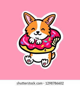 Delicious dessert. Cute corgi puppy with donut. Cool sticker.