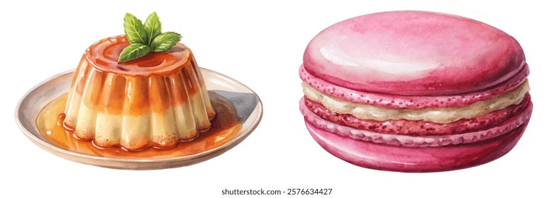 Delicious dessert duo, creamy flan, pink macaroon, watercolor illustration, vibrant colors, sweet treats, culinary art.