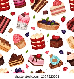 Delicious Dessert Food Seamless Pattern Design with Sweet Pastry Vector Template