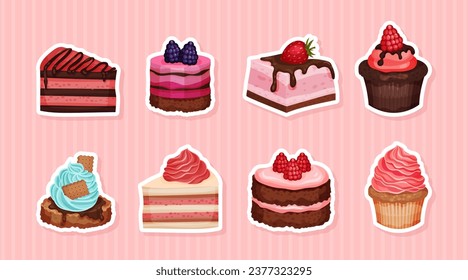 Delicious Dessert Food with Sweet Pastry Vector Sticker Set