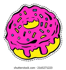 Delicious dessert with glazing on top, donut or candy with colored chocolate. Cookie or pastry shop, bakery assortment of tasty fast food. Sticker or patch, isolated icon vector in flat style
