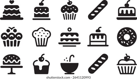 Delicious Dessert Icons: Cupcakes, Donuts, Cakes, Muffins, and Treats Collection