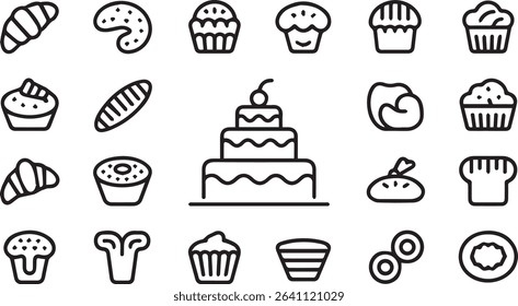 Delicious Dessert Icons: Cupcakes, Donuts, Cakes, Muffins, and Treats Collection