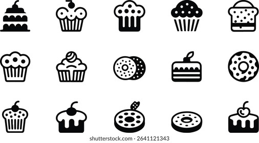 Delicious Dessert Icons: Cupcakes, Donuts, Cakes, Muffins, and Treats Collection