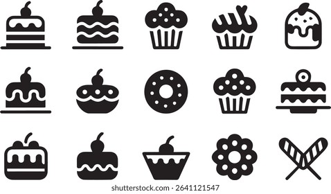 Delicious Dessert Icons: Cupcakes, Donuts, Cakes, Muffins, and Treats Collection