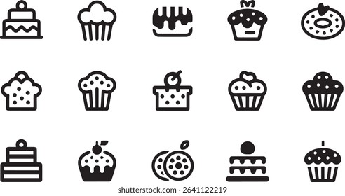 Delicious Dessert Icons: Cupcakes, Donuts, Cakes, Muffins, and Treats Collection