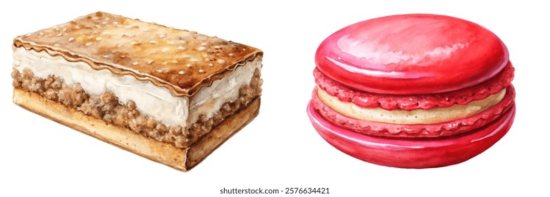 Delicious dessert illustration, colorful macarons, creamy layered cake, watercolor style, sweet treats, food art.