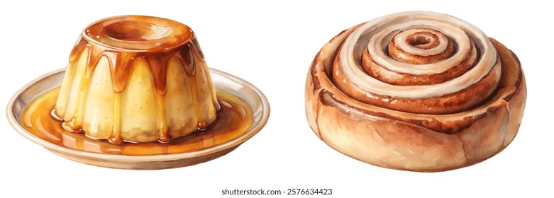 Delicious dessert illustration, creamy flan, cinnamon roll, watercolor style, food art, sweet treats, bakery design.