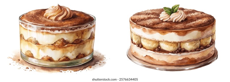 Delicious dessert illustration, creamy layers, elegant presentation, watercolor style, tempting treats, food art, culinary delight.