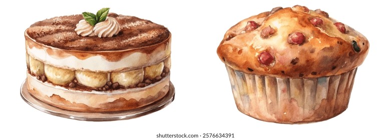 Delicious dessert illustration, watercolor cake, fluffy muffin, sweet treats, gourmet pastries, food art, bakery design.