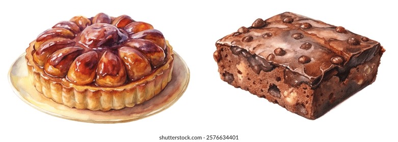 Delicious dessert illustration, watercolor style, sweet pastry art, gourmet brownie, food photography, bakery treats.