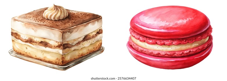 Delicious dessert illustration, watercolor style, layered cake, vibrant macaron, sweet treats, bakery art.