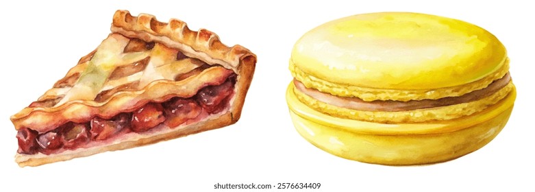 Delicious dessert illustration, watercolor style, cherry pie slice, yellow macaroon, sweet treats, food art, culinary design.