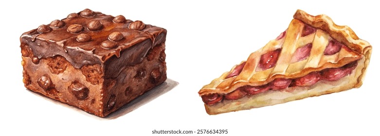 Delicious dessert illustrations, chocolate brownie, cherry pie slice, watercolor style, food art, culinary design.