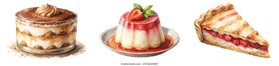 Delicious dessert illustrations, colorful cake designs, watercolor style, tempting sweets, gourmet treats, food art.