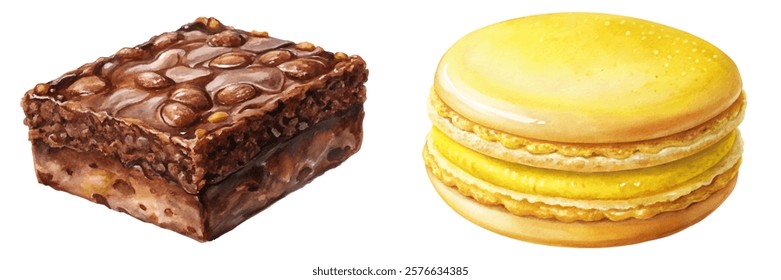 Delicious dessert illustrations, colorful macarons, rich chocolate brownies, sweet treats, bakery art, food design.