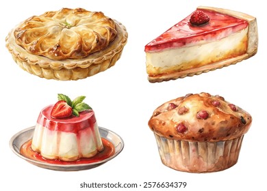 Delicious dessert illustrations, colorful pastries, watercolor style, sweet treats, gourmet desserts, artistic food presentation.