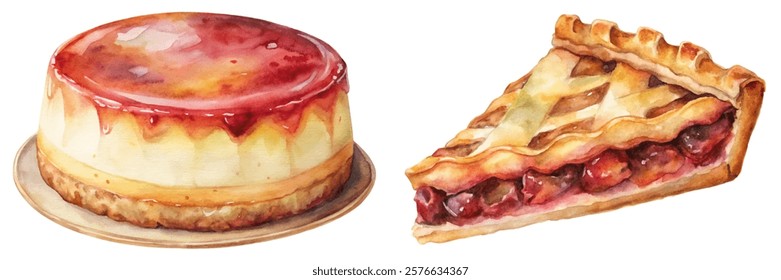 Delicious dessert illustrations, creamy cheesecake, cherry pie slice, watercolor style, food art, culinary design.