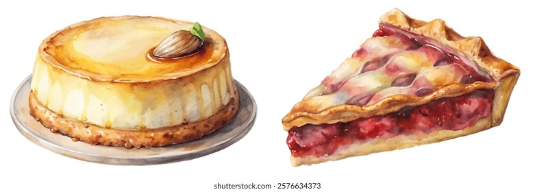 Delicious dessert illustrations, creamy cheesecake, vibrant fruit pie, watercolor style, culinary art, food photography.