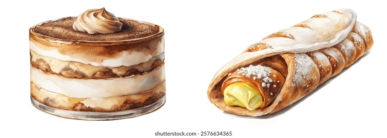 Delicious dessert illustrations, creamy tiramisu layers, flaky pastry rolls, watercolor style, food art, culinary delight.