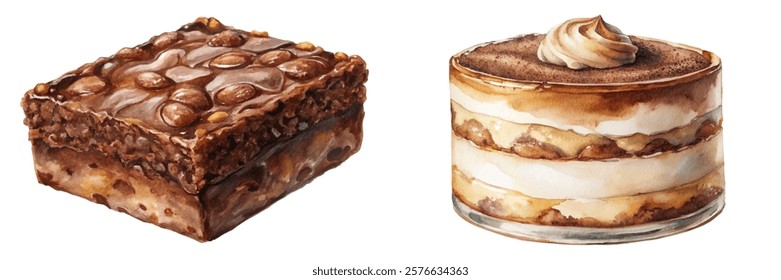 Delicious dessert illustrations, rich chocolate brownie, creamy tiramisu layers, watercolor style, food art, culinary delights.