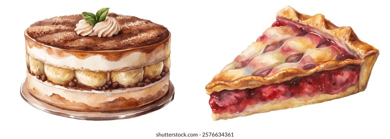 Delicious dessert illustrations, watercolor cake, berry pie, sweet treats, food art, culinary design.