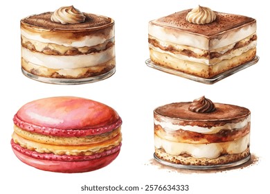 Delicious dessert illustrations, watercolor style, gourmet cakes, macarons, sweet treats, food art, culinary design.