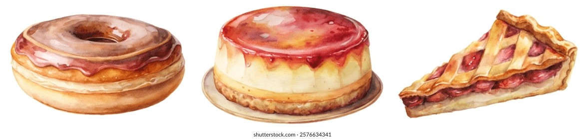 Delicious dessert illustrations, watercolor style, sweet pastries, vibrant colors, appealing food art, bakery treats.