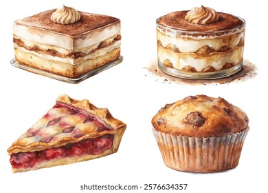 Delicious dessert illustrations, watercolor style, layered cakes, fruit pie, sweet muffins, bakery art.