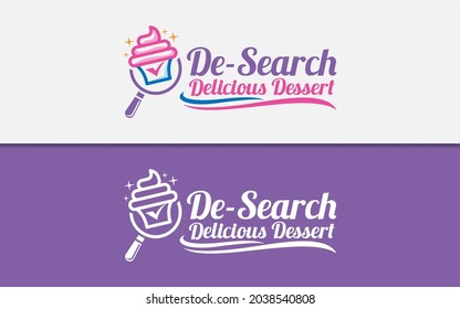 Delicious Dessert Logo Design with Sweet Cupcake and Magnifying Glass Combination Style Concept.