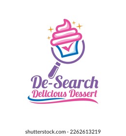 Delicious Dessert Logo Design with Sweet Cupcake and Magnifying Glass Combination Style Concept.