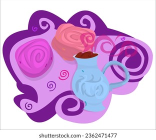 A delicious dessert marshmallows and a blue cup of tea on a romantic background. This cartoon illustration can be used as a logotype for cafes, cafeterias, restaurants and bars. Vector, isolated.