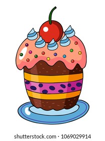 Delicious dessert mini cake with chocolate, cherry, blueberries and orange cream. For bakery logo, gift or card. 
