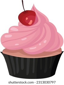 delicious dessert, muffin, cupcake cake, biscuit cake, pink color cream, cherry, cherry cake