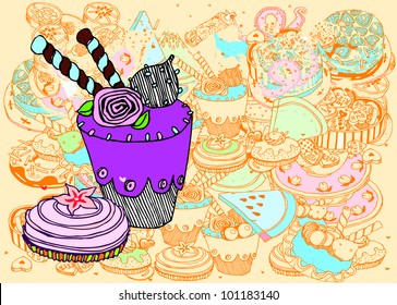 Delicious Dessert on Sweet Background (hand drawn vector)