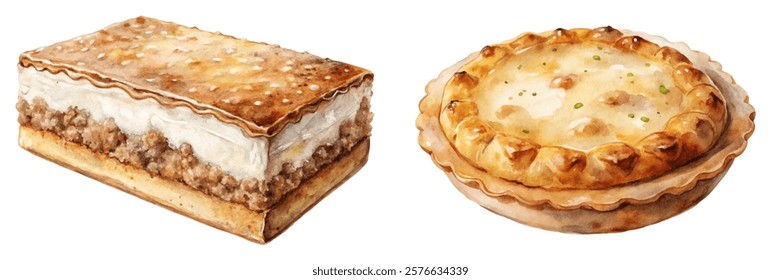 Delicious dessert options, creamy layered cake, flaky pie crust, sweet indulgence, gourmet treats, food illustration.