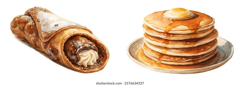 Delicious dessert options, sweet pancakes, chocolate-filled pastry, watercolor illustration, food art, breakfast treats.