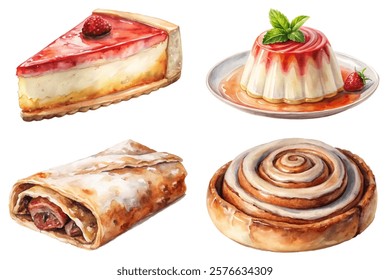 Delicious dessert selection, colorful pastries, watercolor style, sweet treats, gourmet desserts, artistic food presentation.