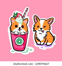 Delicious dessert with strawberries and mint. Cocktail with corgi. Corgi puppy sitting in a glass with a mint-strawberry cocktail. Cute little corgi winks. Cool stickers.