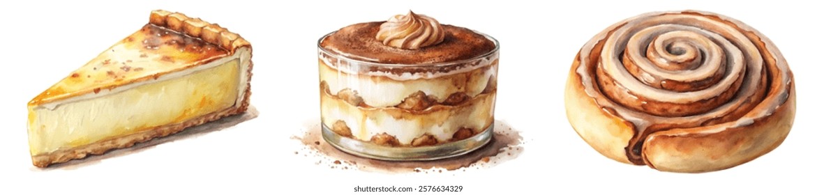 Delicious dessert trio, creamy cheesecake slice, rich tiramisu cup, sweet cinnamon roll. Perfect for food lovers.