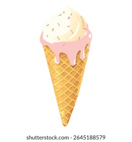 Delicious dessert in a waffle cone with pink icing and sprinkles for summer treat concept