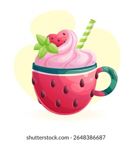 Delicious dessert in a watermelon cup on a yellow background. The concept of confectionery, baking, cooking. Isolated vector illustration for menu design, posters, banners, covers