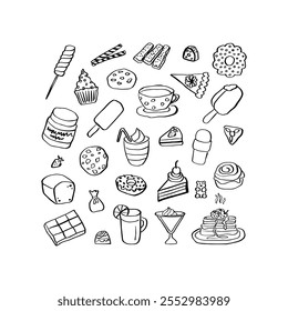 Delicious Desserts Collection: A Hand-Drawn Illustration Featuring an Assortment of Sweet Treats Including Cupcakes, Ice Cream, Cookies, and More, Ideal for Sweet Lovers