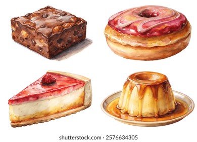 Delicious desserts, colorful pastries, sweet treats, watercolor illustration, gourmet sweets, tempting confections, artistic food design.