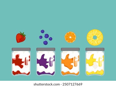 Deliciosos postres hechos con frambuesa, arándano, naranja, mermelada de piña, tarros y rollos horneados con crema, tortitas y pudín y leche para el desayuno o la cena. Ilustración vectorial en estilo plano.