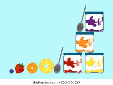 Deliciosos postres hechos con frambuesa, arándano, naranja, mermelada de piña, tarros y rollos horneados con crema, tortitas y pudín y leche para el desayuno o la cena. Ilustración vectorial en estilo plano.
