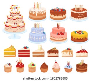 Delicious desserts, pastries, cupcakes, birthday cakes with celebration candles and chocolate slices. Set of colorful cartoon vector illustrations isolated on white background