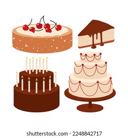 Delicious desserts, pastries, cupcakes, birthday cakes with celebration candles and chocolate slices. Set of colorful cartoon vector illustrations isolated on white background