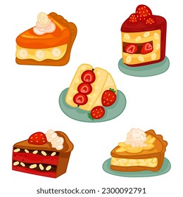 Delicious desserts, pastries, cupcakes, and chocolate slices. Set of colorful cartoon vector illustrations isolated on white background.