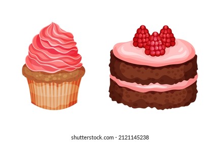 Delicious desserts set. Sweet cupcake and piece of cake vector illustration